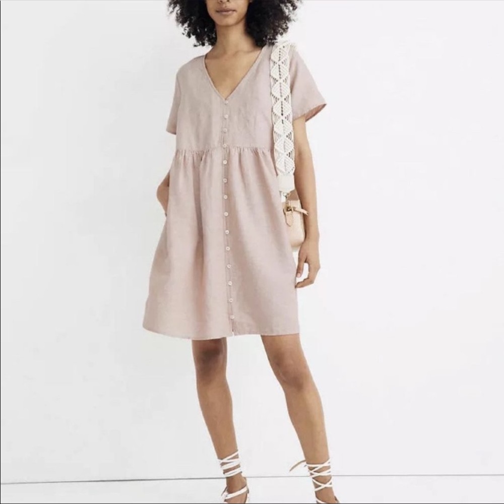Madewell Pink V-Neck Button Front Linen Blend dress size large BNWT